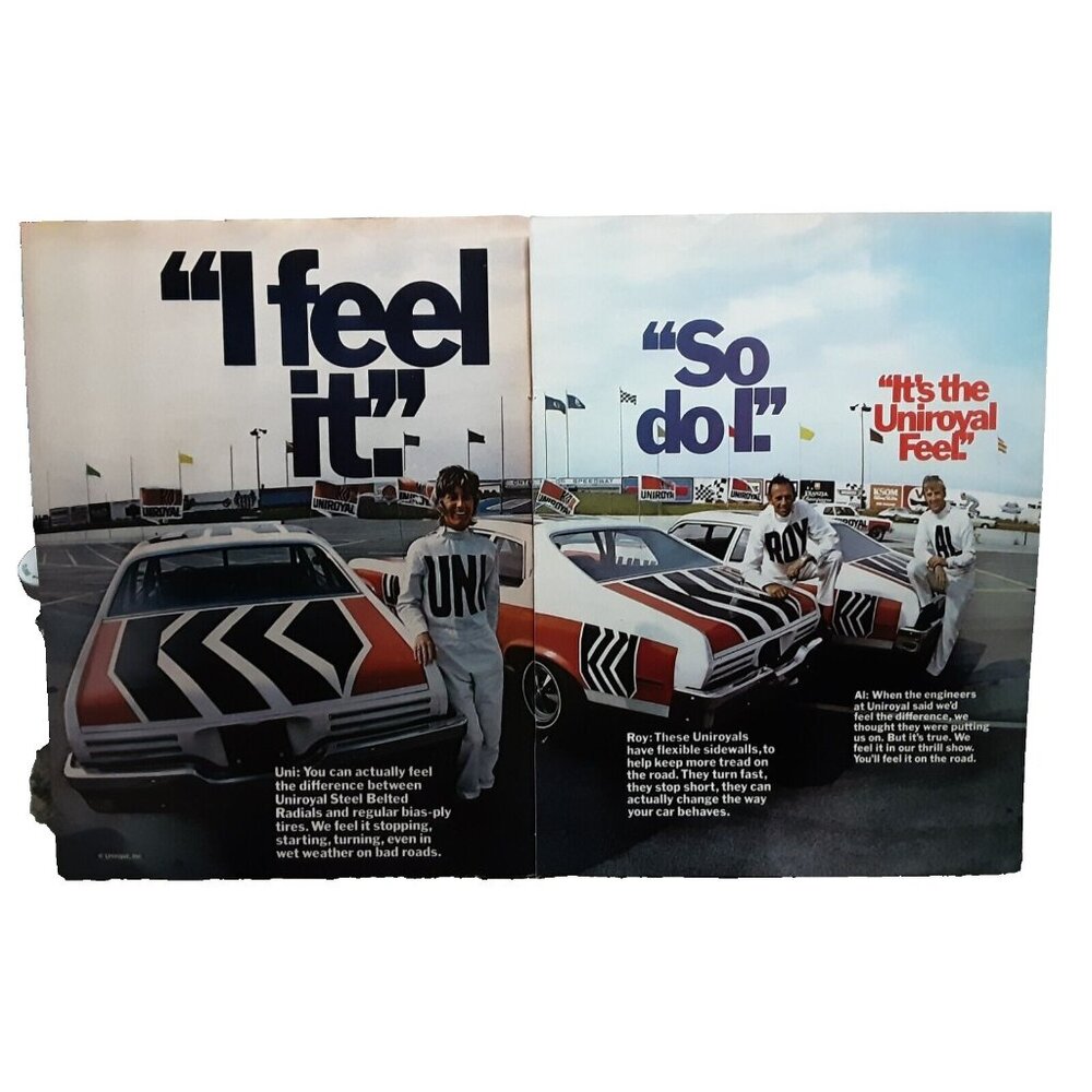 1973 Uniroyal Tires with a 1973 Pontiac Ventura Car Original Print Ad